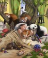 sleeping girl and bear panda monkey